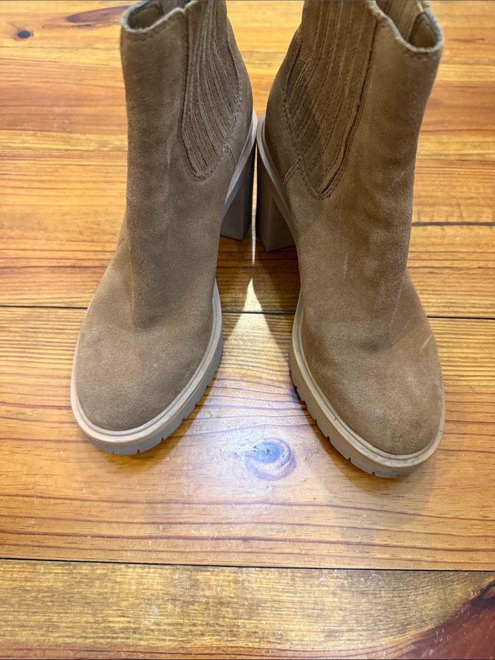 Dolce Vita Suede Chelsea Block Heel Booties in Cognac